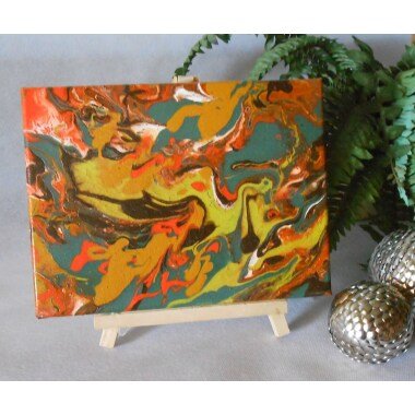 Acryl Bild Malerei Auf Leinwand 24x18 cm Braun Grün Orange Töne Fließtechnik