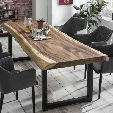 Baumkanten Tisch aus Suar Massivholz und Stahl Loft Design