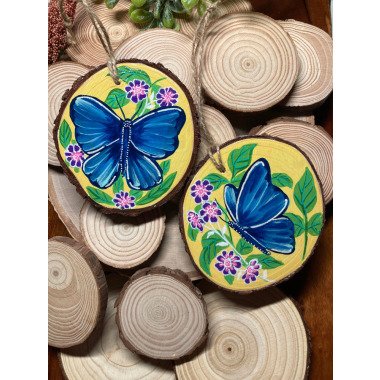 Blaues Schmetterlings-Ornament, Frühlings-Holz-Scheiben-Ornament