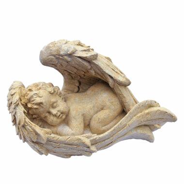 Grabfigur aus Steinguss & Schlafender Engel eingebettet in seinen Flügeln