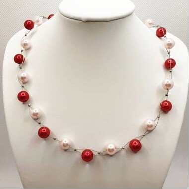 Perlenkette Rot Weiß, Statement Kette, Silberkette Mit Bunten Perlen