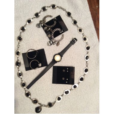 Silberfarben Mit Schwarz Uhr Creolen Halskette
