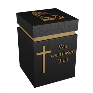 Grab Urnen Modell in Gold & Edle schwarze Graburne aus Holz mit Kreuz und