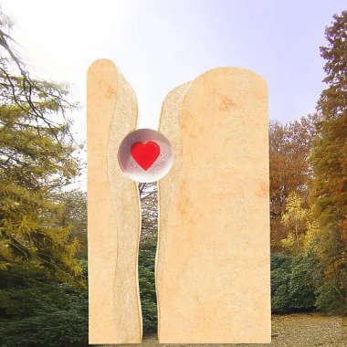 Grabstein für Doppelgrab mit Herz & Zweiteiliges Grabmal mit Glas Herz