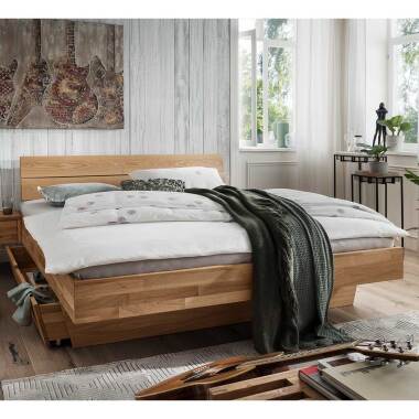 Stauraum Bett aus Wildeiche Massivholz geölt Schublade