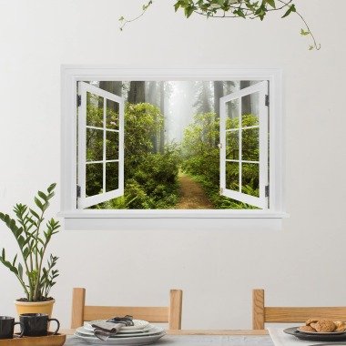 3D Wandtattoo Offenes Fenster Nebliger Waldpfad