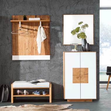Flursitzbank aus Massivholz & Design Garderoben Set in Weiß Wildeiche