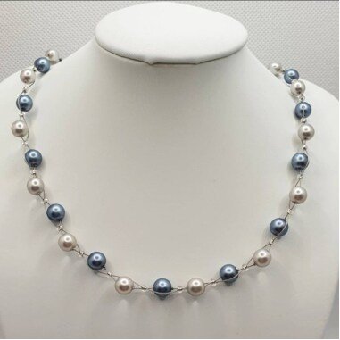 Perlenkette Blau, Statement Kette Silber, Perlenschmuck Modern, Glasperlenkette