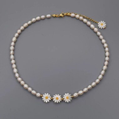 Perlenkette Halskette Kette Daisy Süßwasserperlen Echte Perlen Weiss