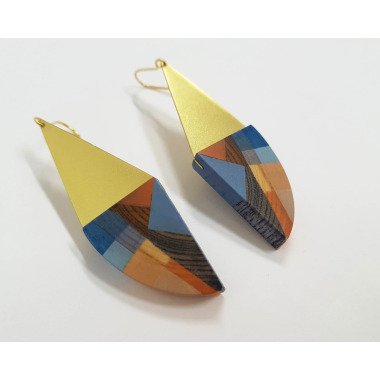 Minimal Blau Orange Bemalte Holz Ohrringe/Holz Und Messing Baumeln Ohrringe/Geschenk