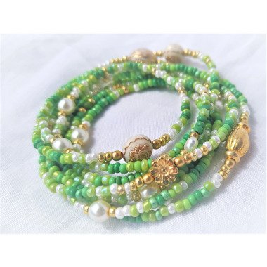 Perlenkette Herzchakra Halskette Grün Gold Weis Blume Boho Hippie Ethno