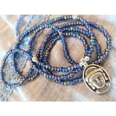 Buddha Perlenkette Silber Blau Glasperlen Ibiza Hippie Boho Lang Filigran