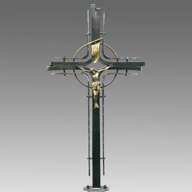 Grabkreuz in Gold & Grabkreuz aus Schmiedeeisen mit Bronze Christus Laudanda
