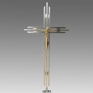 Modernes Edelstahl Grabkreuz mit Schmiedebronze Jesus Amino