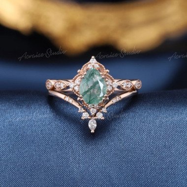 Moos Achat Verlobungsring Set Pear Ring Vintage