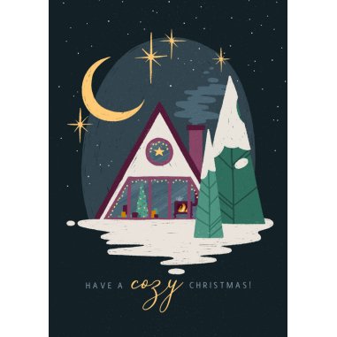 Weihnachtskarte mit gemütlicher Wald-Hütte