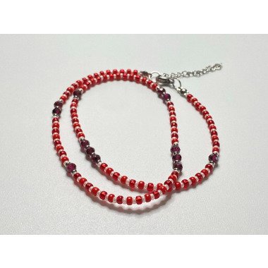Perlenkette | Rot Weiß Granat Edelstein Perlen Miyuki Rocailles Edelstahl