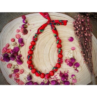 Rote Stoff-Holzkette, Halskette, Rote Perlenkette, Roter Schmuck, Holzperlen