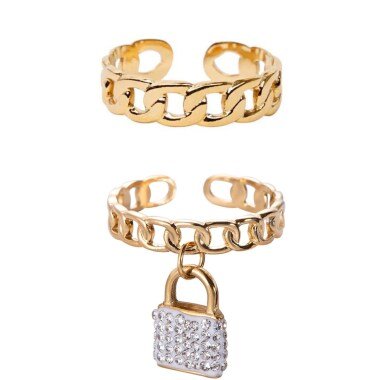 Statement-Ring aus Gold & Ring Chain in Gold, One Size, 14 Karat Vergoldet