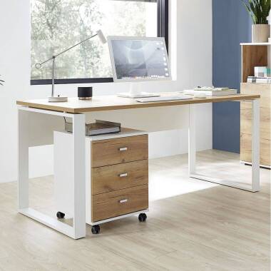 Büro Schreibtisch mit Metallkufen und Rollcontainer GENT-01 Navarra Eiche