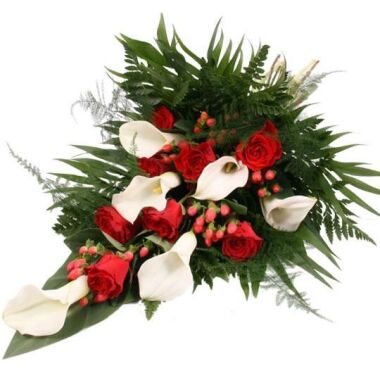Premium-Trauerstrauß Rot/Weiß mit Rosen und Calla