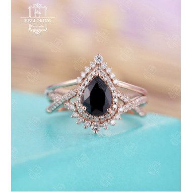 Vintage Schwarzer Diamant Verlobungsring Set Saphir Ring Roségold Pear