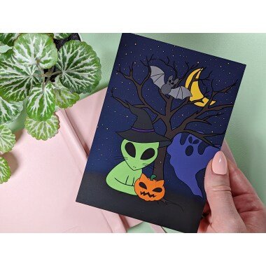Alien Cat Halloween Print | Halloween Grußkarte