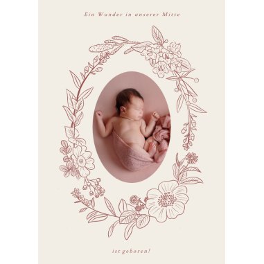 Geburtskarte Foto in Blumenkranz rosé
