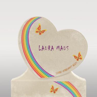 Kindergrabmal Herz aus Kalkstein mit Regenbogen & Schmetterling Cordina Arcus