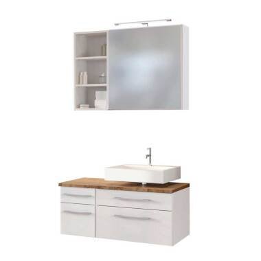 Spiegelschrank und Waschtischkommode in Weiß und Wildeiche Dekor Regal