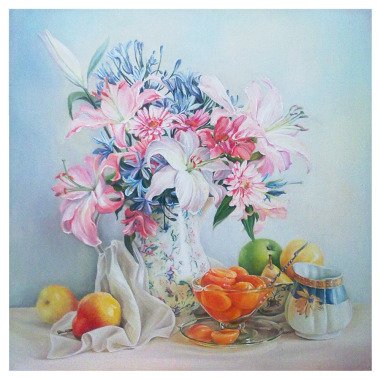 Lilien Frühstück Gemälde Stillleben Mit Obst Ölbild Wand-Dekor Für