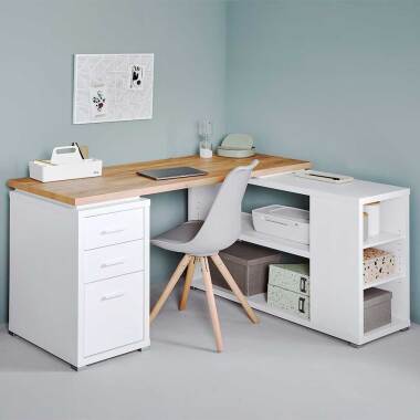 Schreibtisch Ecke & Eckschreibtisch in Weiß und Eiche Optik 155 cm breit