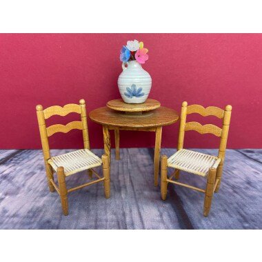 Vintage Puppenhaus Lazy Susan Miniatur Tisch & Kane Backed Chairs 3stk