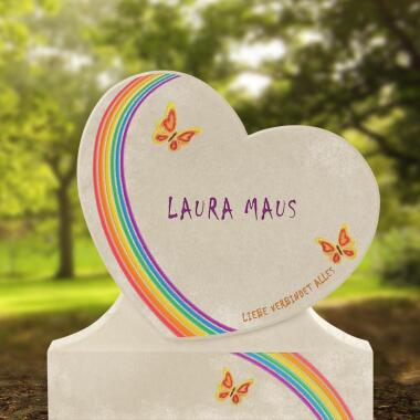 Einzelgrabmal Herz aus Kalkstein mit Regenbogen & Schmetterling Cordina Arcus