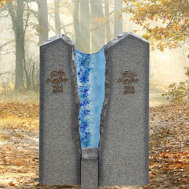 Grabstein für Doppelgrab in Blau & Zweiteiliges Granit Grabmal für ein