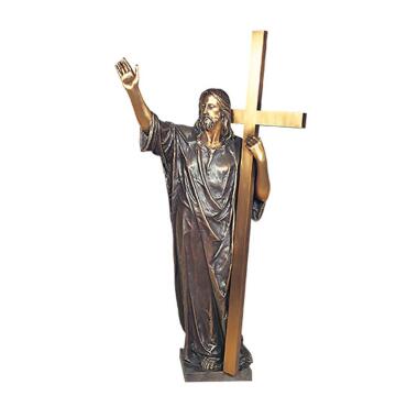 Große Jesusfigur mit Kreuz aus Bronze Christus mit Kreuz / Bronze Patina grün