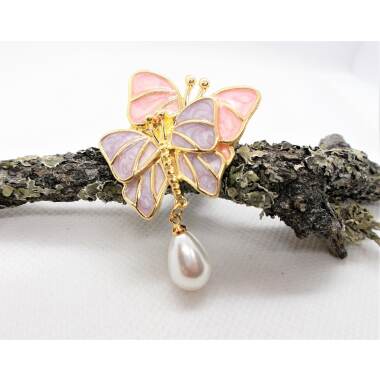 Nadel Brosche Schmetterlinge Emailliert Rosa Lavendel Vergoldet Perle Tropfen