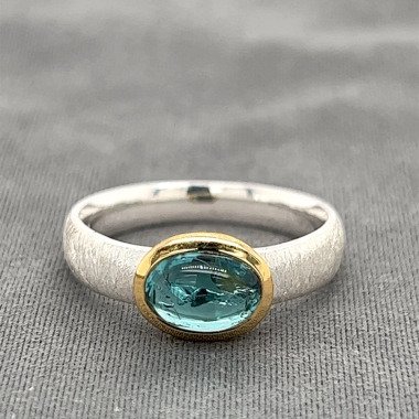 Turmalin-Ring & Ring Mit Blauer Türkisner Turmalin Aus 925 Silber, Vergoldet