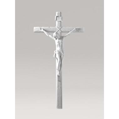 Marmorguss Figur Jesus am Kreuz Kruzifix mit Inschrift / 60x33x5cm (HxBxT)