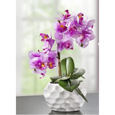 Orchideen-Gesteck in Keramikvase, Rosa