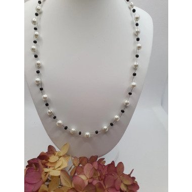 Perlenkette Weiß Schwarz Glasperlen Kette Geschenk, Glasperlenkette Mit