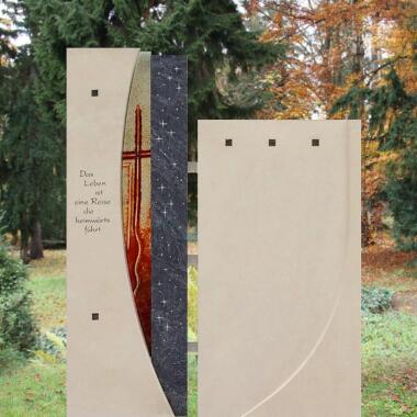 Schönes Grabmal Doppelgrab Naturstein Glas und Kreuz
