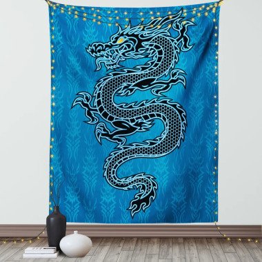 Wandbehang Schwarzer Drache auf blauem Stammes-Hintergrund