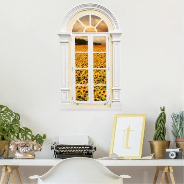 3D Wandtattoo Fenster Mediterran Feld mit Sonnenblumen