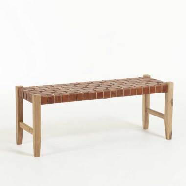 Holzbank mit brauner Sitzfläche aus Echtleder 120 cm breit