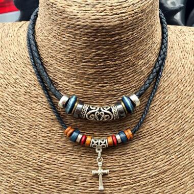Kreuz-Anhänger-Halskette, doppellagig, Perlen-Charm-Halskette