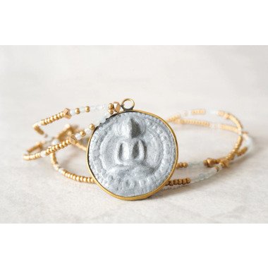 Medaillon-Kette aus Metall & Buddha Edelstein Halskette Tibet Mala Kette