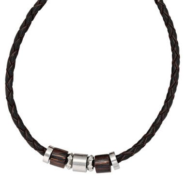 SIGO Collier Halskette Leder schwarz mit Edelstahl und Holz 45 cm Kette Lederket