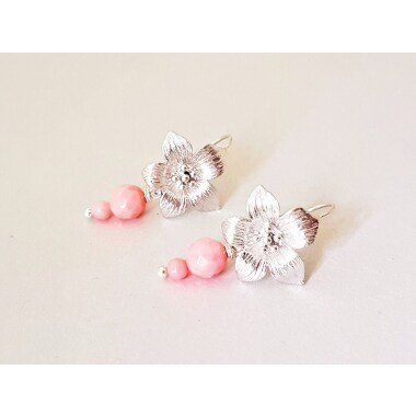 Silber Blüten Ohrringe Mit Rosa Koralle Perlen