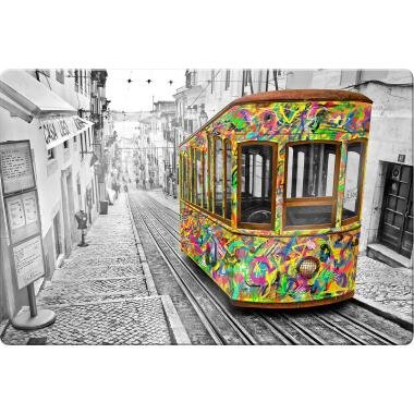 Wall-Art Glasbild Tram in Lissabon, Menschen